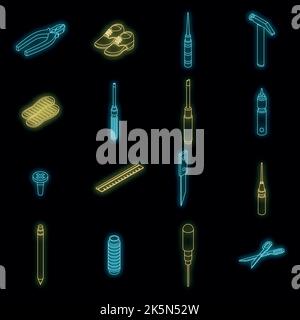 Jeu d'icônes de réparation de chaussures. Ensemble isométrique d'icônes vectorielles de réparation de chaussures couleur néon sur noir Illustration de Vecteur