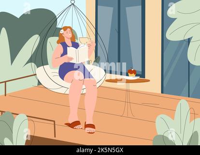 Une fille lisant un livre sur la terrasse et boit du thé ou du café. Vacances ou week-end, une femme heureuse lit et se détendre avec un livre, des bonbons et des boissons, scène vectorielle Illustration de Vecteur