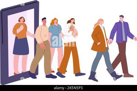 Les gens quittent leur smartphone. La dépendance numérique est terminée, caricature femme homme sortir du monde en ligne. Santé mentale, vecteur de la foule heureuse aller à l'extérieur de virtuel Illustration de Vecteur