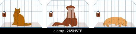 Animaux en cage. Chien sans domicile et chats, adoptant le concept. Les animaux attendent les propriétaires, les chatons mignons et les personnages vectoriels plats du chiot Illustration de Vecteur