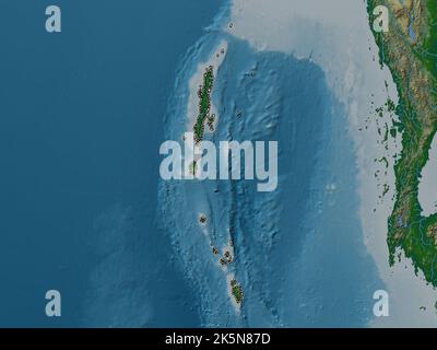 Andaman et Nicobar, territoire syndical de l'Inde. Carte d'altitude en couleur avec lacs et rivières Banque D'Images