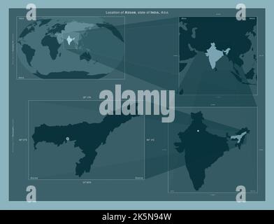 Assam, État de l'Inde. Schéma montrant l'emplacement de la région sur des cartes à plus grande échelle. Composition de cadres vectoriels et de formes PNG sur un fond solide Banque D'Images