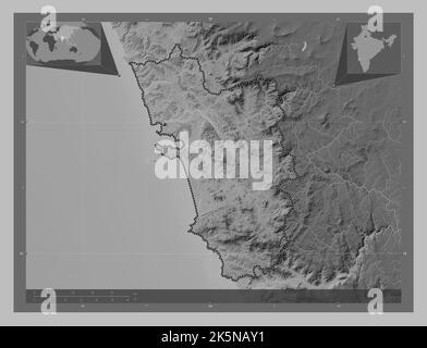 Goa, État de l'Inde. Carte d'altitude en niveaux de gris avec lacs et rivières. Cartes d'emplacement auxiliaire d'angle Banque D'Images
