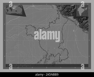 Haryana, État de l'Inde. Carte d'altitude à deux niveaux avec lacs et rivières. Cartes d'emplacement auxiliaire d'angle Banque D'Images