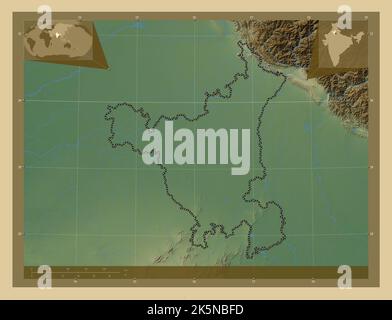 Haryana, État de l'Inde. Carte d'altitude en couleur avec lacs et rivières. Cartes d'emplacement auxiliaire d'angle Banque D'Images