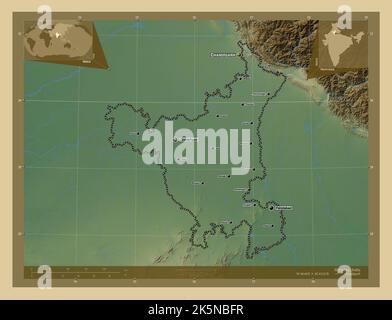 Haryana, État de l'Inde. Carte d'altitude en couleur avec lacs et rivières. Lieux et noms des principales villes de la région. Carte d'emplacement auxiliaire d'angle Banque D'Images