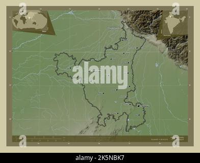 Haryana, État de l'Inde. Carte d'altitude colorée en style wiki avec lacs et rivières. Lieux et noms des principales villes de la région. Auxiliaire d'angle Banque D'Images