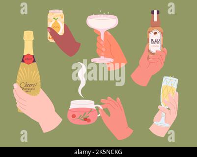 Mains tenant différentes boissons. Bouteille de champagne à la main, verres de vin étincelant, limonade en boîte et café glacé. Ensemble de boissons de fête vectorielles Illustration de Vecteur