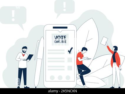 Concept de vote en ligne du gouvernement. Les gens votent avec des gadgets, des smartphones et des ordinateurs portables. Sondage des étudiants ou élections, vecteur politique électronique récent Illustration de Vecteur