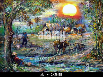 peint à la main original impressionnisme chefs-d'œuvre peintre art contemporain peinture à l'huile campagne thaïlande paysage campagne Banque D'Images