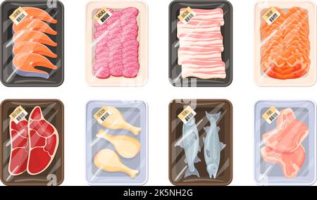 Forfait viande de supermarché. Poisson emballé ou bœuf congelé dans un contenant en plastique polyéthylène stockage stocker la nourriture, bacon de boeuf plat de saucisse de porc boucherie produit, illustration vectorielle de l'emballage supermarché Illustration de Vecteur