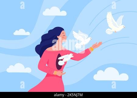 Fille libère l'oiseau. La femme relâche des oiseaux de sa poitrine, se rétablissant après un traumatisme psychologycal ou une dépression, la colombe libre dans les nuages de ciel la liberté la vie pleine d'espoir, illustration vectorielle de la libération de fille Illustration de Vecteur