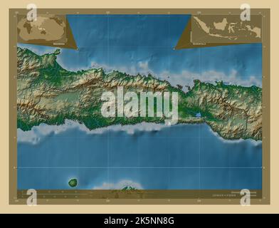 Gorontalo, province d'Indonésie. Carte d'altitude en couleur avec lacs et rivières. Lieux et noms des principales villes de la région. Emplacement auxiliaire de coin Banque D'Images