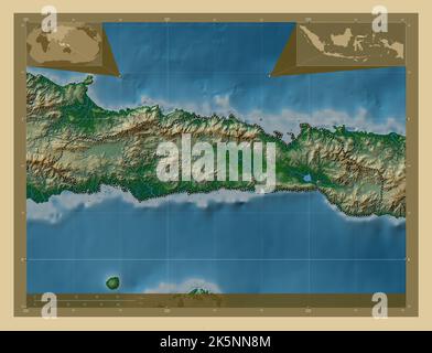 Gorontalo, province d'Indonésie. Carte d'altitude en couleur avec lacs et rivières. Cartes d'emplacement auxiliaire d'angle Banque D'Images