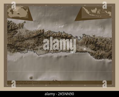 Gorontalo, province d'Indonésie. Carte d'altitude colorée en tons sépia avec lacs et rivières. Cartes d'emplacement auxiliaire d'angle Banque D'Images