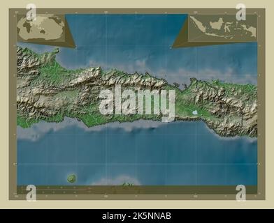 Gorontalo, province d'Indonésie. Carte d'altitude colorée en style wiki avec lacs et rivières. Cartes d'emplacement auxiliaire d'angle Banque D'Images