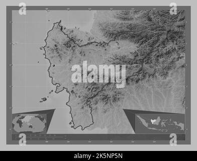 Kalimantan Barat, province d'Indonésie. Carte d'altitude en niveaux de gris avec lacs et rivières. Cartes d'emplacement auxiliaire d'angle Banque D'Images