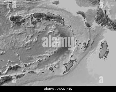 Maluku, province d'Indonésie. Carte d'altitude en niveaux de gris avec lacs et rivières Banque D'Images