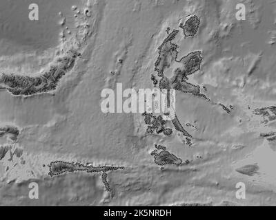 Maluku Utara, province d'Indonésie. Carte d'altitude en niveaux de gris avec lacs et rivières Banque D'Images