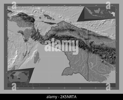 Papouasie, province d'Indonésie. Carte d'altitude à deux niveaux avec lacs et rivières. Cartes d'emplacement auxiliaire d'angle Banque D'Images