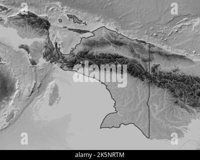 Papouasie, province d'Indonésie. Carte d'altitude en niveaux de gris avec lacs et rivières Banque D'Images