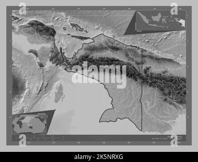 Papouasie, province d'Indonésie. Carte d'altitude en niveaux de gris avec lacs et rivières. Lieux et noms des principales villes de la région. Emplacement auxiliaire d'angle Banque D'Images