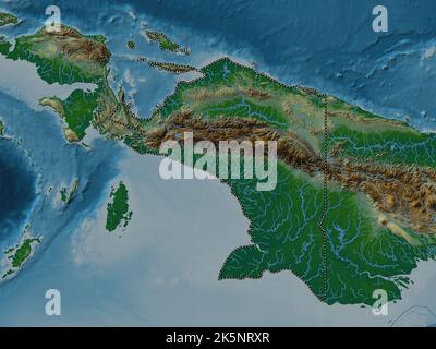 Papouasie, province d'Indonésie. Carte d'altitude en couleur avec lacs et rivières Banque D'Images