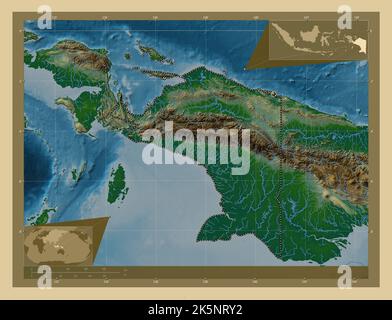 Papouasie, province d'Indonésie. Carte d'altitude en couleur avec lacs et rivières. Cartes d'emplacement auxiliaire d'angle Banque D'Images