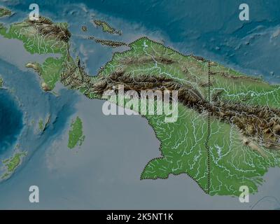 Papouasie, province d'Indonésie. Carte d'altitude colorée en style wiki avec lacs et rivières Banque D'Images