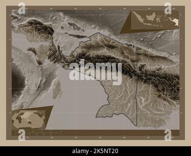 Papouasie, province d'Indonésie. Carte d'altitude colorée en tons sépia avec lacs et rivières. Cartes d'emplacement auxiliaire d'angle Banque D'Images