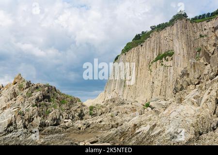 Haute falaise côtière formée par des colonnes de pierres de lave solidifiées, cap Stolbchaty sur l'île de Kunashir Banque D'Images