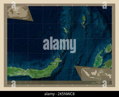 Sulawesi Utara, province d'Indonésie. Carte satellite haute résolution. Lieux et noms des principales villes de la région. Carte d'emplacement auxiliaire d'angle Banque D'Images