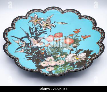 Fine plaque de chargement de cloisonne à motif de cloisonné japonais antique. Période Meiji. Diamètre 12' Banque D'Images