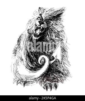 chimera - un animal mythique, un lion avec une queue en serpentin. Illustration expressive en noir et blanc avec une plume. Banque D'Images