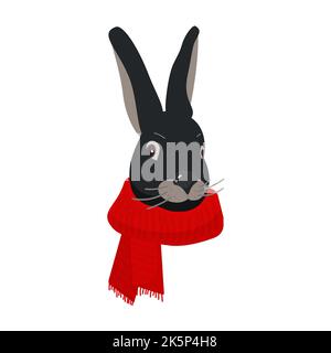 Tête noire d'un lapin avec foulard rouge sur fond blanc. Symbole de l'année 2023. Dessin animé illustration vectorielle Illustration de Vecteur