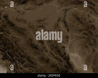 Yazd, province d'Iran. Carte d'altitude colorée en tons sépia avec lacs et rivières Banque D'Images