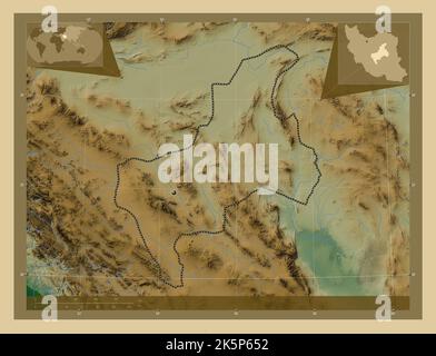 Yazd, province d'Iran. Carte d'altitude en couleur avec lacs et rivières. Cartes d'emplacement auxiliaire d'angle Banque D'Images