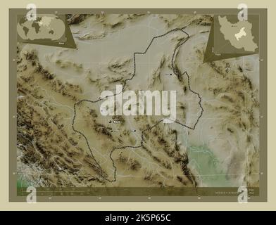 Yazd, province d'Iran. Carte d'altitude colorée en style wiki avec lacs et rivières. Lieux et noms des principales villes de la région. Coin auxiliaire Banque D'Images