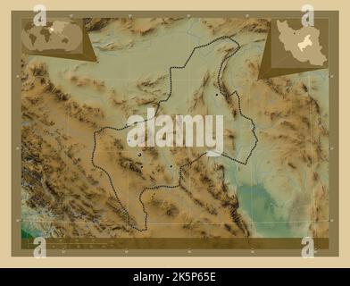 Yazd, province d'Iran. Carte d'altitude en couleur avec lacs et rivières. Lieux des principales villes de la région. Cartes d'emplacement auxiliaire d'angle Banque D'Images