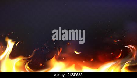 Feu à l'aide d'étincelles brillantes, de flammes vives et de fumée isolée sur fond sombre. Flamme chaude en feu de camp avec particules de membre lumières et fumée de l'allumage illustration réaliste de vecteur. Illustration de Vecteur