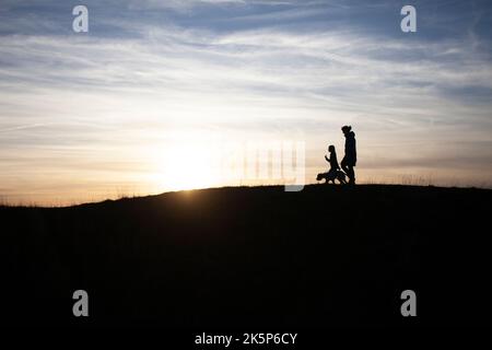 silhouette des personnes qui marchent leur chien Banque D'Images