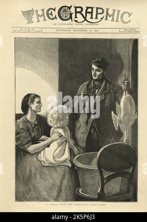 Vintage illustration père apporter une oie de Noël à sa femme et son enfant, 1870s, victorien 19th siècle. Un prix du club de l'OIE de Noël Banque D'Images