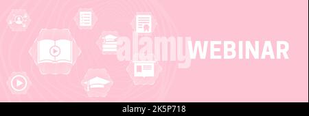 Bannière d'apprentissage en ligne du webinaire rose arrière-plan avec icônes pour le séminaire féminin Illustration de Vecteur