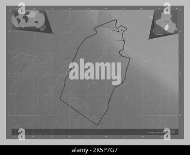 An-Najaf, province d'Irak. Carte d'altitude en niveaux de gris avec lacs et rivières. Lieux et noms des principales villes de la région. Emplacement auxiliaire du coin Banque D'Images