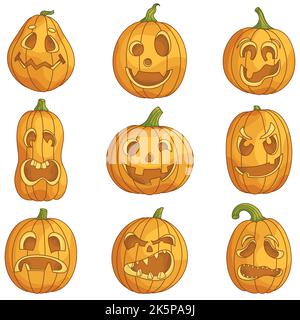 Collection de citrouilles traditionnelles Jack-o'-lanterne pour Halloween. Jeu de caractères avec différentes expressions du visage. Illustrations de dessins animés pour la décoration des fêtes. Clipart pour carte, affiche, autocollant. Illustration de Vecteur