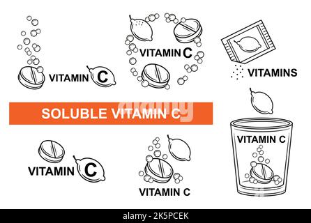 Vitamine C comprimés solubles effervescents, pizzy aspirine médicament pilule dissoudre dans l'eau avec bulles icône ensemble. Vecteur de médicament multivitaminé aux agrumes Illustration de Vecteur