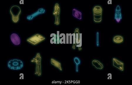 Jeu d'icônes du gestionnaire de produit. Ensemble isométrique d'icônes vectorielles du Gestionnaire de produits couleur néon sur noir Illustration de Vecteur