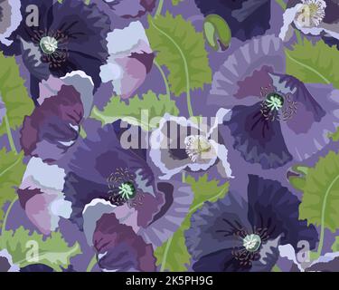 Motif fleuri vectoriel sans coutures. Coquelilas, feuilles vertes et bourgeons sur fond violet. Illustration de Vecteur