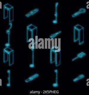 Icônes du détecteur de métal définies. Ensemble isométrique d'icônes vectorielles de détecteur de métaux couleur néon sur noir Illustration de Vecteur