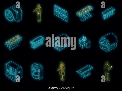 Jeu d'icônes d'imagerie par résonance magnétique. Ensemble isométrique d'icônes de vecteur d'imagerie par résonance magnétique de couleur néon sur noir Illustration de Vecteur